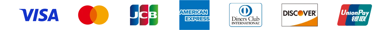 Visa、Mastercard、JCB、American Express、Diners Club、Discover、UnionPay
